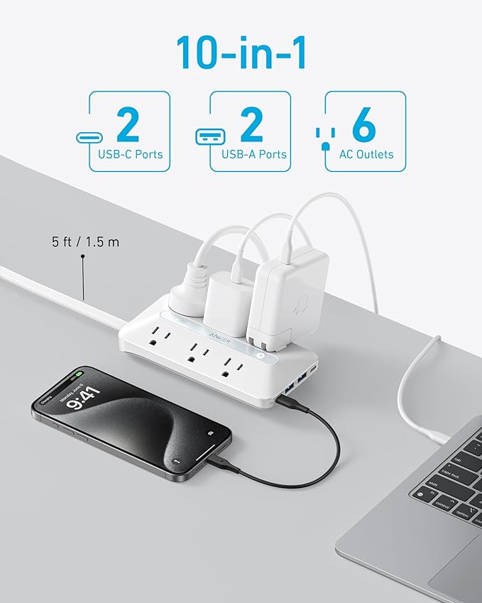 Anker Flat Plug Power Strip(300J), 20W USB C Power Strip, 10-in-1 Ultra Thin Power Strip with 6 AC, 2 USB A/2 USB C,5feet Extension Cord, Desk Charging Station,Home Office College Dorm Essentials