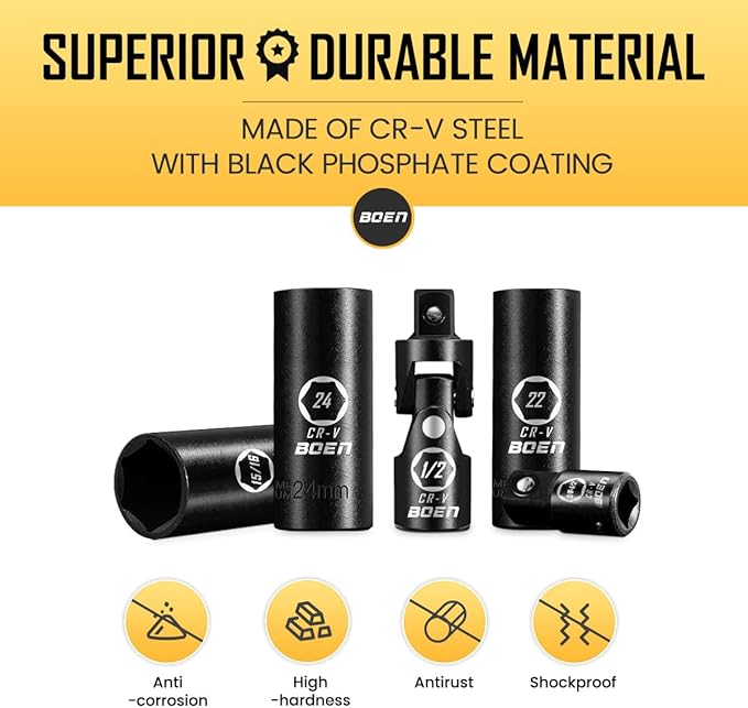 BOEN 35PCS 1/2” Drive Impact Socket Set, Deep SAE(3/8"-1-1/4") & Metric(8-24mm) Socket with Extension Bars, 6 Point Cr-V Steel for Auto Repair, Double Lock Case