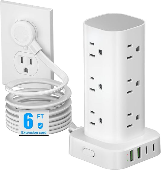 Flat Plug Power Strip Tower Surge Protector, 6FT Flat Extension Cord with Multiple Outlets, 12 AC Outlets, 4 USB Ports (2 USB C) Charging Station for Office Home Dorm Room Travel (White)