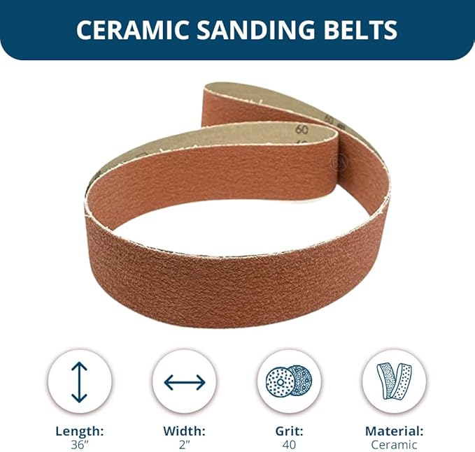 Benchmark Abrasives 2" x 36" Ceramic Sharpening Sanding Belts for Grinding Deburring Polishing Rust Removal on Metal, Stainless Steel, and Carbon Steel, Use with Belt Disc Sander (6 Pack) - 40 Grit
