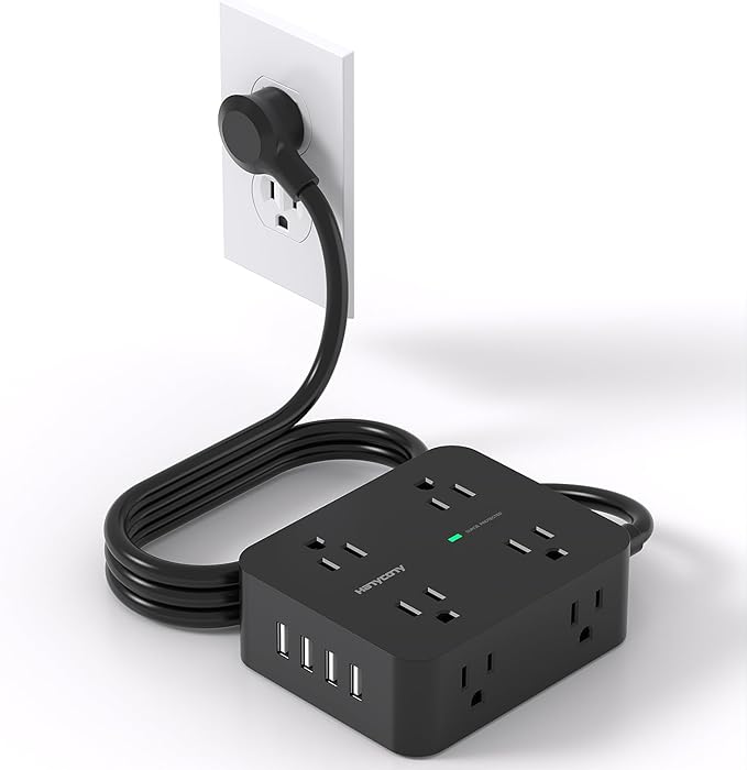 HANYCONY Power Strip Surge Protector, 5 Ft Exetnsion Cord with Multiple Outlets, Outlet Extender with 4 USB Ports, Flat Plug, Wall Mount for Home Office Dorm Room Essentials, ETI Listed, Black