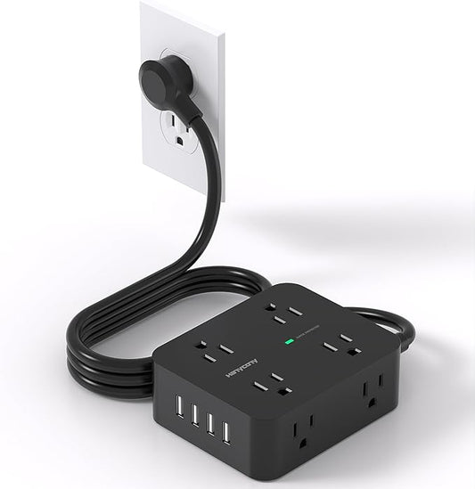 HANYCONY Power Strip Surge Protector, 5 Ft Exetnsion Cord with Multiple Outlets, Outlet Extender with 4 USB Ports, Flat Plug, Wall Mount for Home Office Dorm Room Essentials, ETI Listed, Black