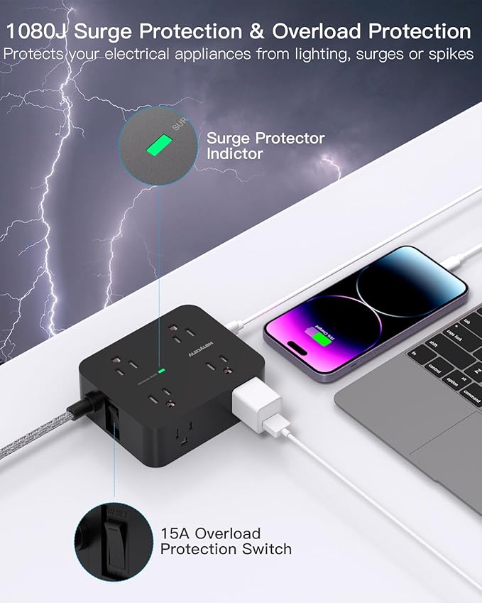 Power Strip Surge Protector 10 Ft Cord, Extension Cord Flat Plug with 8 Outlets 4 USB Ports(2 USB C), Wall Mount, Desk Charging Sation for Home Offcie