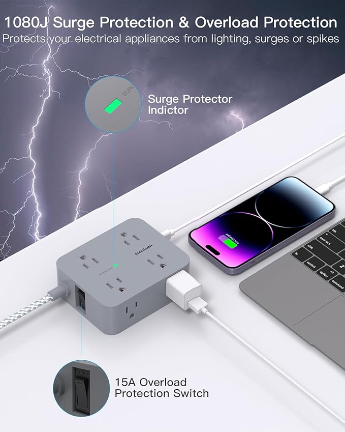 Power Strip with USB C Ports(2 USB C), 8 Outlets Surge Protector with 5 Ft Extension Cord, Flat Plug Wall Mount, Desk Charging Station for Home Office, ETL Listed Gray