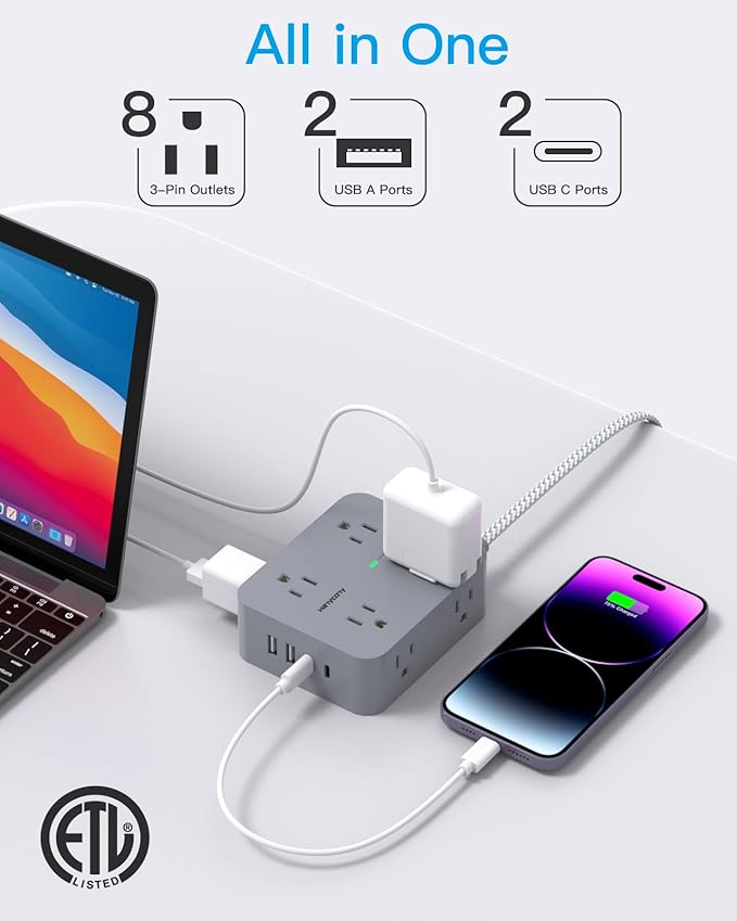 Power Strip with USB C Ports(2 USB C), 8 Outlets Surge Protector with 5 Ft Extension Cord, Flat Plug Wall Mount, Desk Charging Station for Home Office, ETL Listed Gray