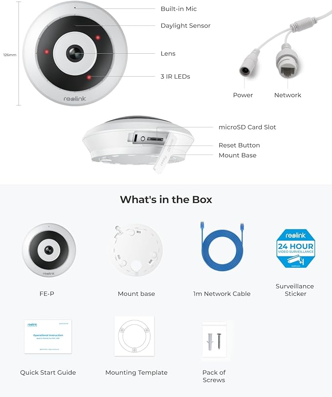 REOLINK 6MP PoE IP Fisheye Camera with 360° View, Surveillance for Home/Office Security, Smart Human Detection, Two Way Talk, Ceiling/Wall/Desk Mount, Multiple Panoramic Display Views, FE-P(White)