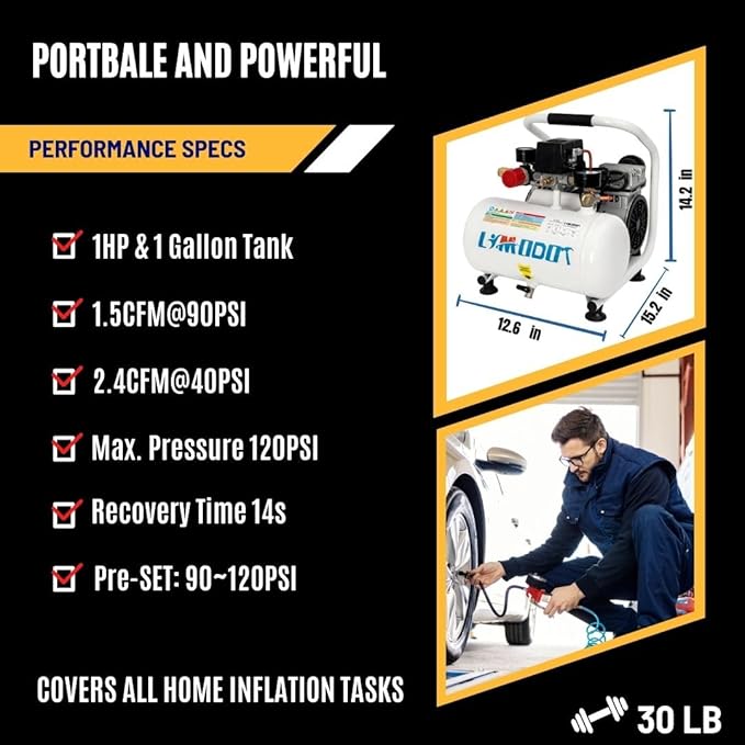 Ultra Quiet Air Compressor Portable, 60 dB, Silent And Electric Air Compressor For Car and Bike Tires, Nail Gun, And Pneumatic Tools, Garage, Shop, Or Mechanic Accessories, 115V