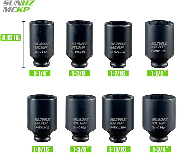 SUNKPMCKP 1/2" Drive Deep 6-Point Impact Socket Set, 8-Piece Standard SAE Spindle Axle Nut Impact Socket Set, Cr-Mo, 1-1/4-Inch to 1-3/4-Inch Size