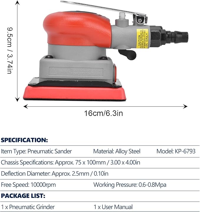WALFRONT Pneumatic Sander 10000 RPM Air Orbit Finishing Sander for Wood Sanding Car Waxing Metal Sanding 75 x 100mm / 3.00 x 4.00in