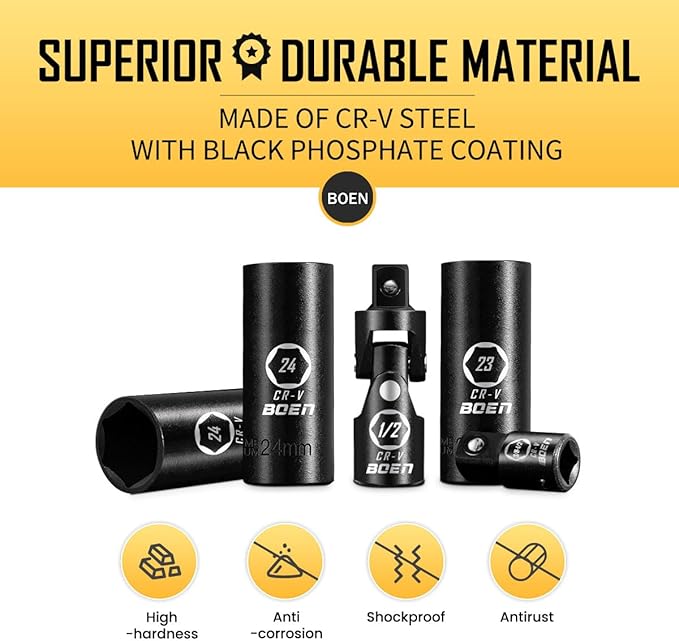 BOEN 1/2" Drive Metric Deep Impact Socket Set, 20 Piece Cr-V Steel Metric Socket Set 10mm-24mm, Includes Extension Bars, Universal Joint and Adapter, 6 Point Design, Meets ANSI Standards