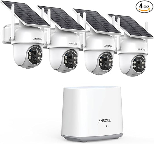 Security Cameras Wireless Outdoor Home System, 4 Camera Kit, No Subscription Fees, Solar Powered, Local Storage, 365-Day Battery Life, 360°PTZ Surveillance, Auto Tracking, 2K Color Night Vision