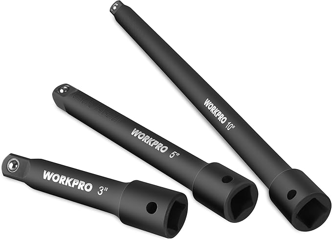 WORKPRO 3/8" Drive Impact Extension Bar Set, 3 PCS Socket Extensions, 3”, 5” and 10” Length, Premium Chrome Vanadium Steel with Black Phosphate Finish, Storage Tray Included