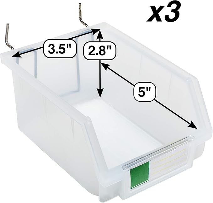 Pegboard Bins – 3 Pack Clear Large - Hooks to Any Peg Board - Organize Hardware, Accessories, Attachments, Workbench, Garage Storage, Craft Room, Tool Shed, Hobby Supplies, Small Parts