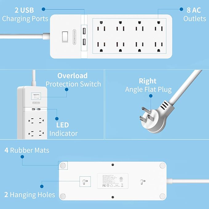 25 ft Extension Cord Flat Plug, NTONPOWER 8 Outlet Surge Protector Power Strip with USB Ports, 1080 Joules, 15A Circuit Breaker, Wall Mount for Home Office Workshop or Garage, ETL Listed, White