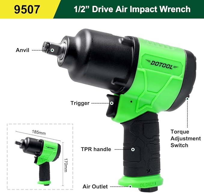 Air Impact Wrench 1/2 Inch Square Drive Heavy Duty 880 ft-Lbs Max Loosening Torque Output Pneumatic Impact Wrench Twin Hammer 7800RPM for Automobile Repair