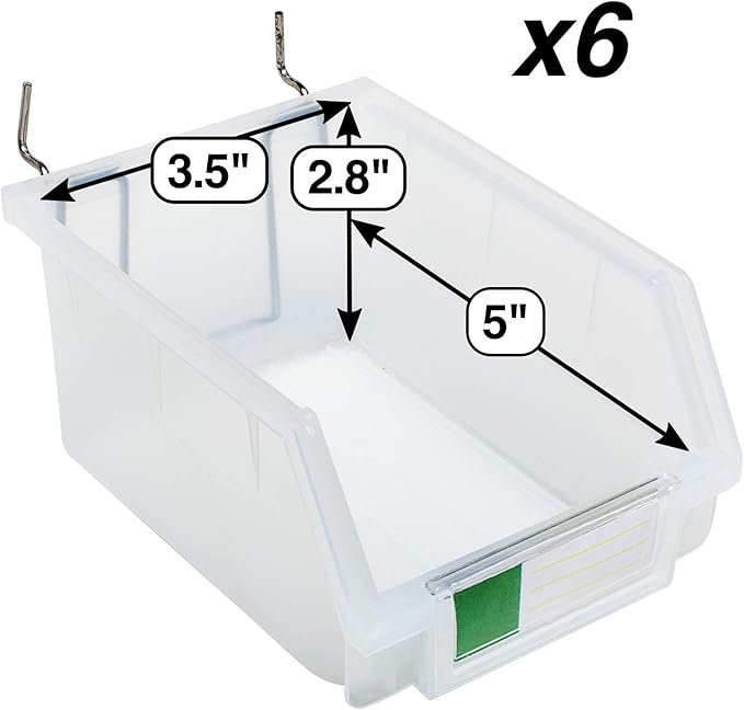 Pegboard Bins – 6 Pack Clear Large - Hooks to Any Peg Board - Organize Hardware, Accessories, Attachments, Workbench, Garage Storage, Craft Room, Tool Shed, Hobby Supplies, Small Parts