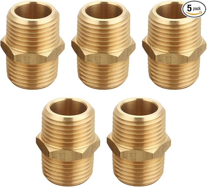 1/2 Inch x 1/2 Inch NPT Brass Hex Nipple Male Pipe Adapter (5 Piece)
