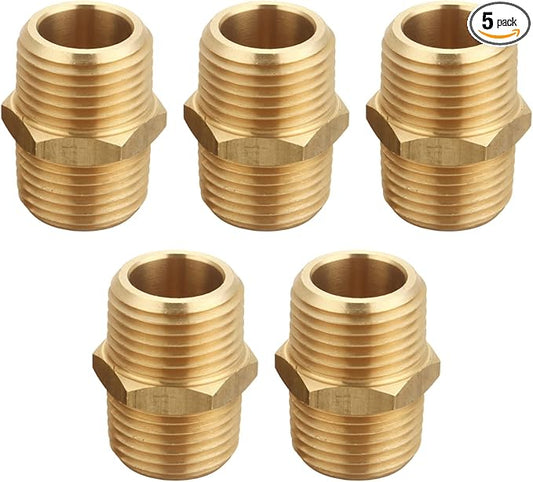 1/2 Inch x 1/2 Inch NPT Brass Hex Nipple Male Pipe Adapter (5 Piece)