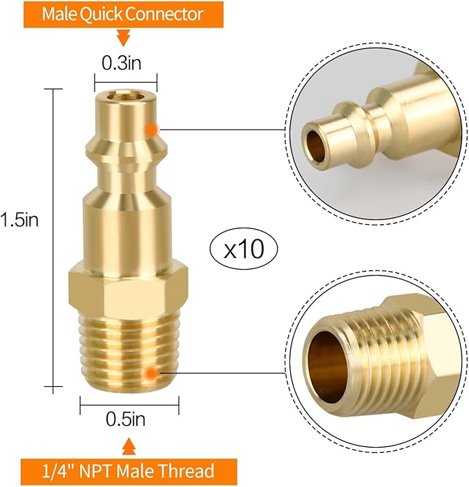 Air Coupler and Plug Kit, 10pcs Air Coupler and Plug Kit, 1/4 Inch NPT Industrial Brass Air Hose Fittings, Quick Connector Air Fittings for Automotive and Home (10pcs 1/4" MNPT Plug)