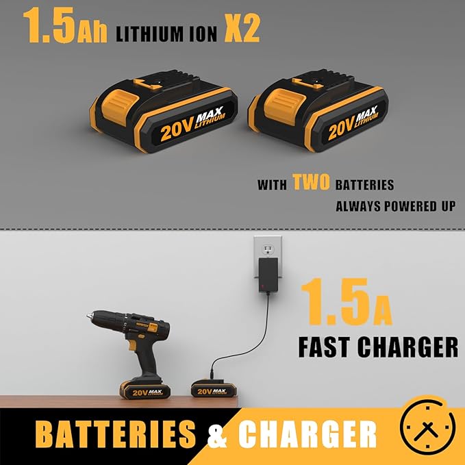 20V Cordless Drill, Power Drill Set with 2 Batteries and Charger,3/8-Inch Chuck Electric Drill Kit with 24-Torque Setting, Drill Driver Bits and Tool Bag Included…