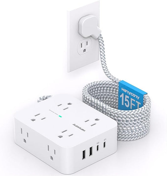PD 30W USB C Power Strip 15Ft, 8 Outlets Surge Protector 4 USB Fast Charger (2 USB C Ports), 1080J Desk Charging Station for Multiple Devices, Flat Plug Extension Cord for College Dorm Room Essentials