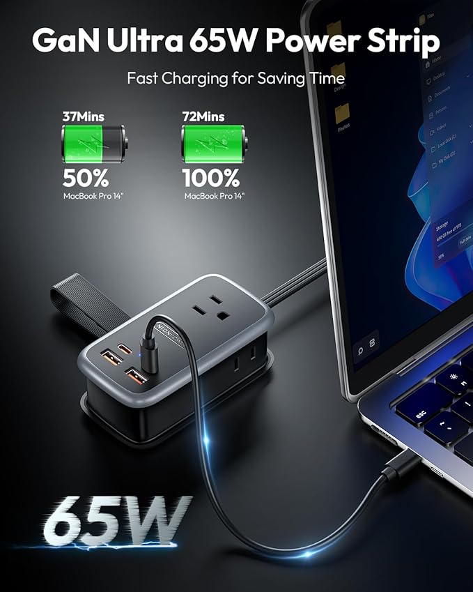 NTONPOWER GAN Ultra 65W USB Charging Station, 7 in 1 Travel Power Strip with 3 Outlets 4 USB (2 USB C), Extension Cord 4ft, Desktop Power Strip Fast Charging Compatible with MacBook, iPhone