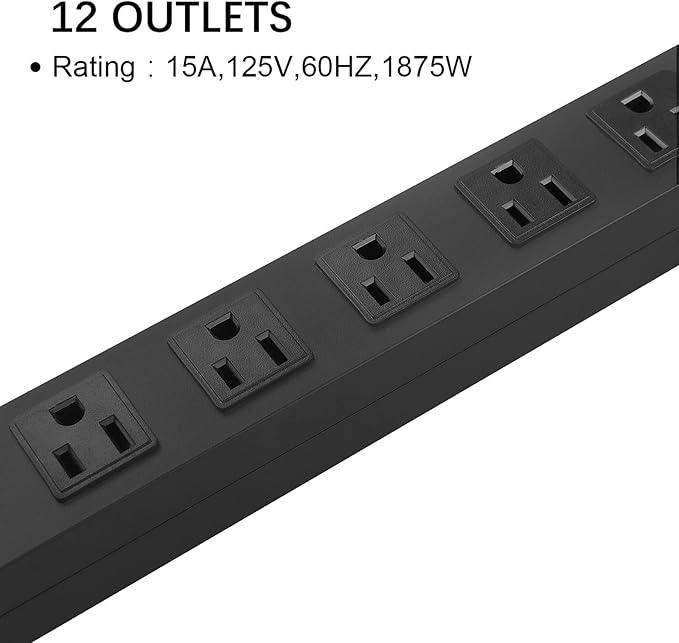 HHSOET Metal Wall Mount Power Strip, Mountable Power Outlet with 12 AC Outlets, Aluminum Alloy Mount Power Socket with Switch, 15 FT SJT 3/C 14AWG Power Cord, 15A 125V 1875W (12AC)