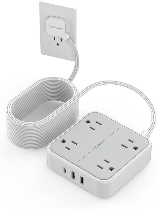 Flat Plug Long Extension Cord 25 Ft, TESSAN Power Strip Surge Protector with 4 Outlets 3 USB Ports (1 USB C), Surge Protection Desktop Charging Station for Home, Office, Dorm Room Essentials
