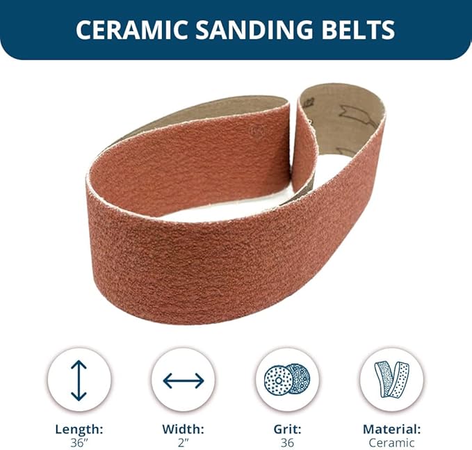 Benchmark Abrasives 2" x 36" Ceramic Sharpening Sanding Belts for Grinding Deburring Polishing Rust Removal on Metal, Stainless Steel, and Carbon Steel, Use with Belt Disc Sander (6 Pack) - 36 Grit