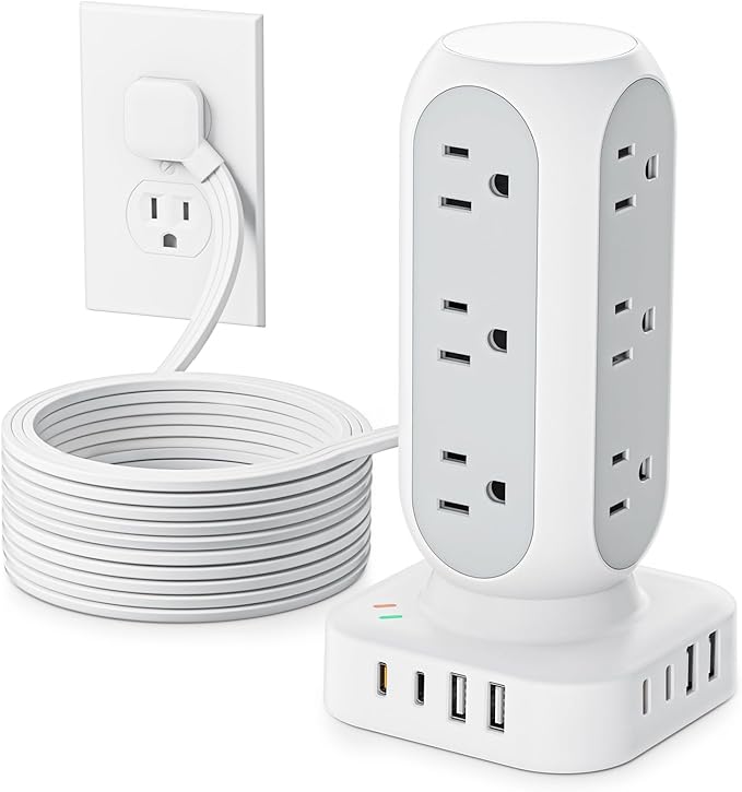 Flat Plug Power Strip Tower, 40W Total Fast Charging Station, Dual PD 20W USB-C Surge Protector with 12 AC Outlets and 8 USB Ports (4 USB C), 10FT Extension Cord for Home Office Dorm Room