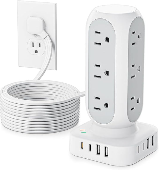 Flat Plug Power Strip Tower, 40W Total Fast Charging Station, Dual PD 20W USB-C Surge Protector with 12 AC Outlets and 8 USB Ports (4 USB C), 10FT Extension Cord for Home Office Dorm Room
