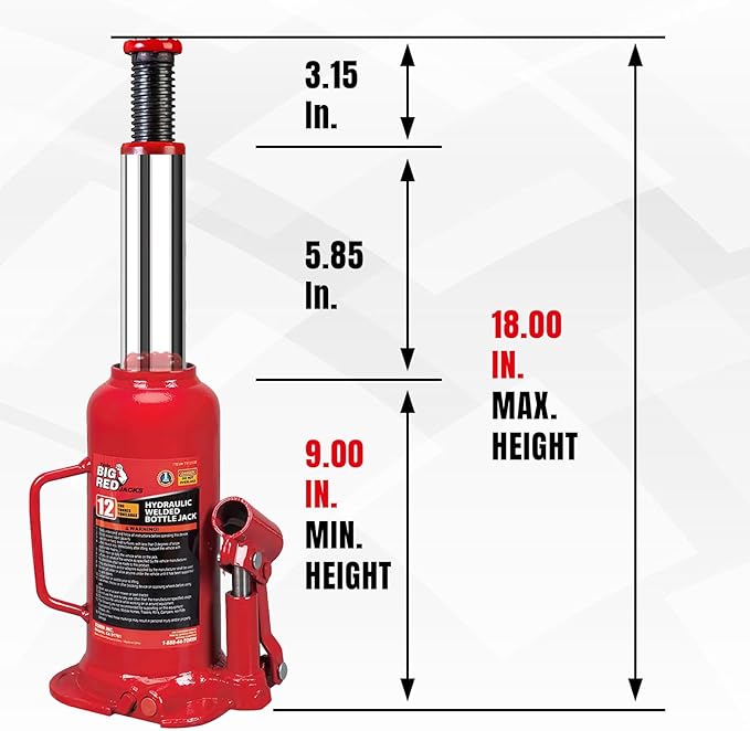 BIG RED T91203B-1 Torin Hydraulic Welded Bottle Jack, 12 Ton (24,000 lb.) Capacity, Red