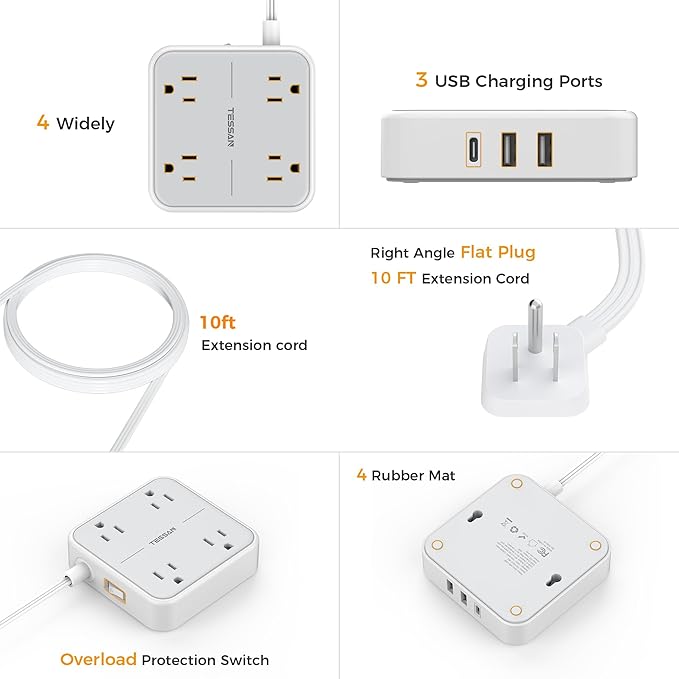 Extension Cord 10 ft, TESSAN Surge Protector Power Strip Long Cord with 3 USB(1 USB C), Flat Plug with 4 AC Outlets, Small Desktop Multiple Charging Station for Home School Dorm Room Office, Grey