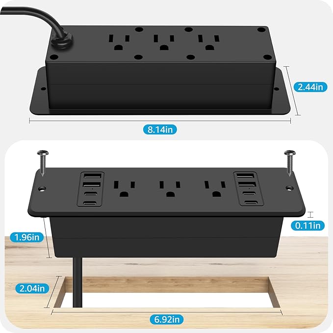 HHSOET 14 in 1 Fast Charging Recessed Power Strip, 45W Furniture Power Outlet USB C, Flush Mount Surge Protection with 6 AC Plugs, 4 USB-A and 4 USB-C, 6ft Power Cord. (Black)