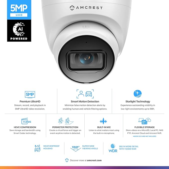 Amcrest 2-Pack 5MP UltraHD Outdoor Security IP Turret PoE Camera with Mic/Audio, 5-Megapixel, 98ft NightVision, 132° FOV, IP67 Weatherproof, MicroSD Recording (256GB), 2PACK-IP5M-T1179EW-AI-V3 White