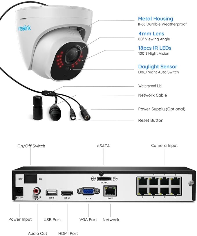 REOLINK Smart 5MP 8CH Home Security Camera System, 4pcs Wired PoE IP Cameras Outdoor with Person/Pet/Vehicle Detection, 4K 8CH NVR with 2TB HDD for 24-7 Recording, RLK8-520D4-5MP