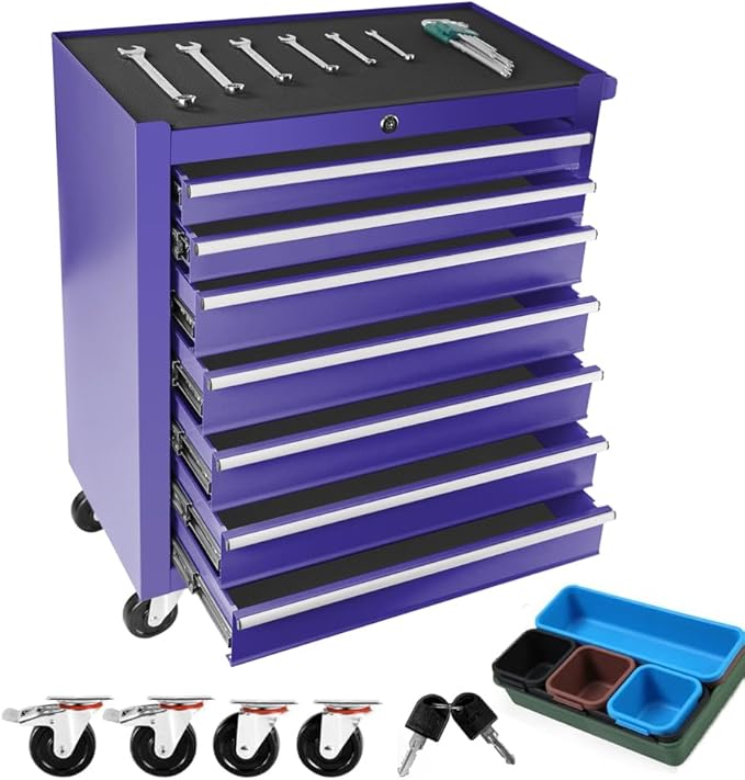 7 Drawer Metal Tool Chest 30 inch,Tool Cart On Wheels with Wheels,Mechanic Tool Cart with Lock and Toolboxes Trays for Garage Tool Storage Cabinet,(Blue)