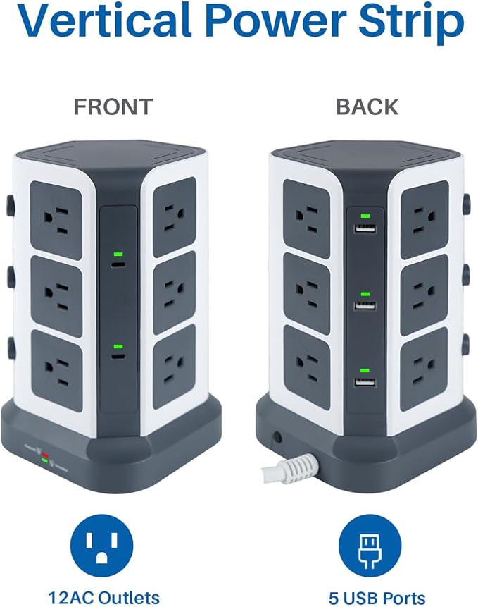 KOOSLA Power Strip Tower with 2 USB C, 1500J Surge Protector with 12 Outlets& 5 USB(1875W/15A), 16.4 ft Extension Cord with Multiple Outlets, Office Desk Supplies, Dorm Room Essentials, Gray