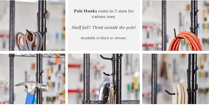 Sunway Shelf Pole Hooks 5-Pack | Black Multi-Use C-Hook | Best Solution for Garage Shelving Storage Organization | Use with Metal or Wire Shelves and Racks | Heavy Duty, Easy Installation