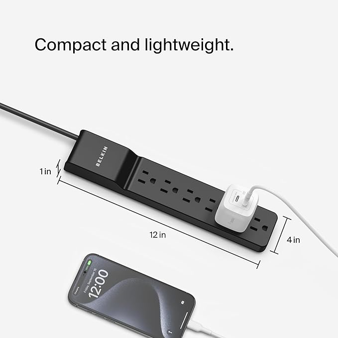 Belkin Surge Protector Power Strip with 6 AC Outlets, 6ft/1.8M Long Heavy-Duty Extension Cord, & 360-Degree Rotating AC Plug for Conference Rooms, Computer Desktops, & More - 600 Joules of Protection