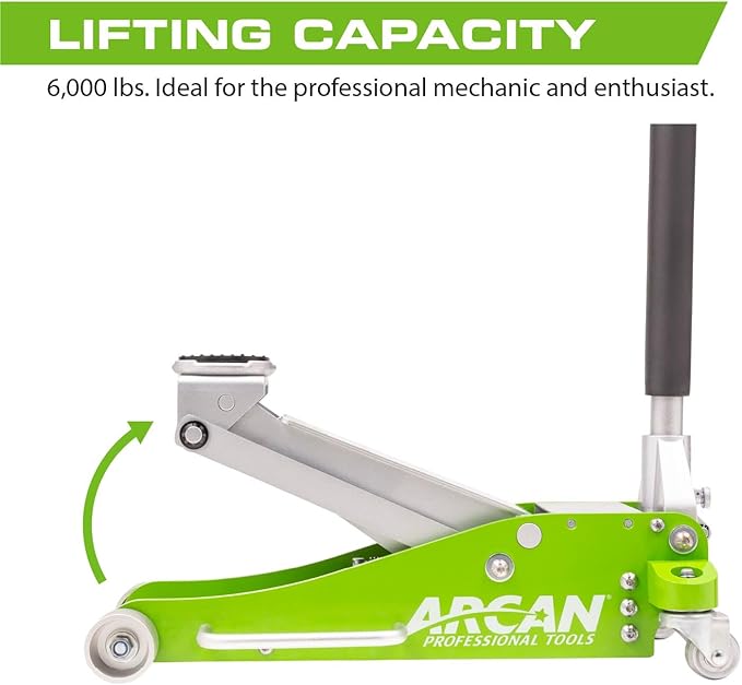 ARCAN Tools 3 Ton (6,000 lbs.) Hybrid Heavy Duty Aluminum and Steel Low Profile Floor Jack with Dual Pistons Reinforced Lifting Arm (A20001)
