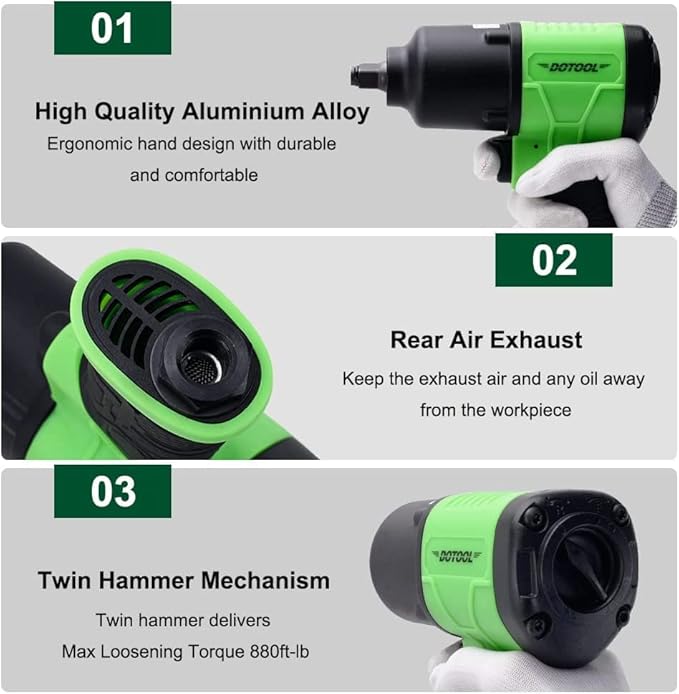Air Impact Gun 1/2" Drive 880 ft-lbs with 3/8" Air Ratchet Wrench 50 ft-lbs Pneumatic Impact Wrenc 7800RPM Pneumatic Aluminum 160 RPM