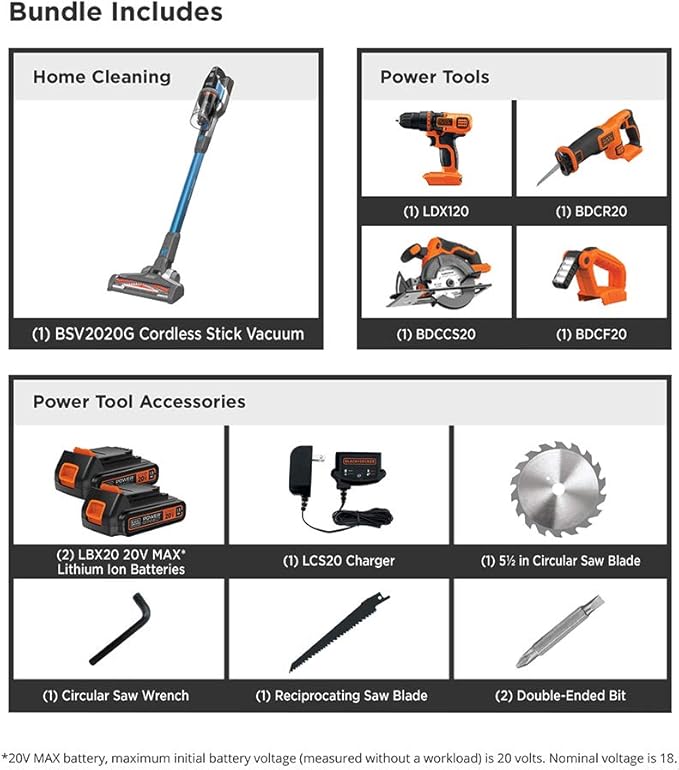 BLACK+DECKER 20V MAX Cordless Drill Combo Kit with POWERSERIES Extreme Cordless Stick Vacuum, Blue (BD4KITCDCRL & BSV2020G)