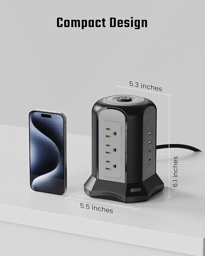 Power Strip Tower Surge Protector, SUPERDANNY Desktop Charging Station, 10 Ft Extension Cord, 9 Outlets, 4 USB Ports, 1080 Joules, 3-Prong, Grounded, Multiple Protections for Home, Office, Black