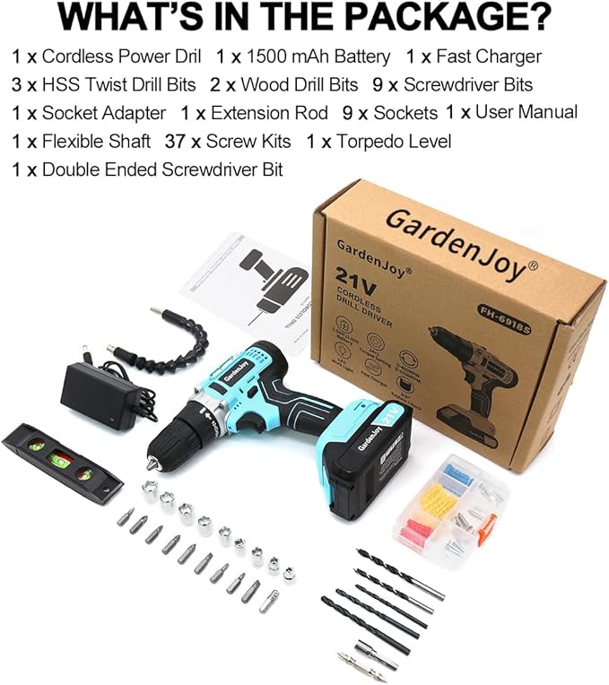 Cordless Power Drill: GardenJoy Cordless Drill 21V Electric Power Drill Set with Battery and Fast Charger, 65pcs Acessories,2 Variable Speed Control,3/8-Inch Keyless Chuck and 24+1 Torque for hardwood