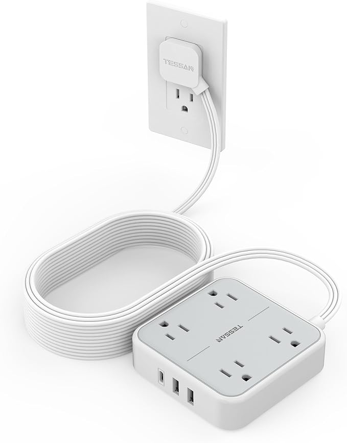 Long Flat Extension Cord 15 ft, TESSAN Surge Protector Power Strip 15 Feet with 4 Outlets 3 USB Ports (1 USB C), 3 Prong Flat Plug Charging Station with Surge Protection, Wall Mount Indoor Essentials