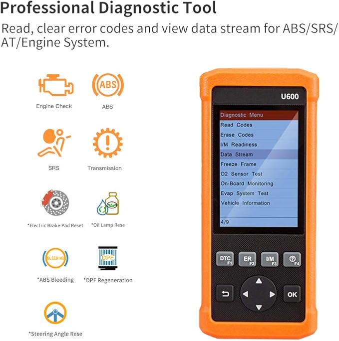 Launch U600 All System OBD2 Diagnostic Scan Tool Automotive Code Scanner for Check Engine/ABS/SRS/Transmission/DPF/EPB Steering Angle Reset, Black,Orange, Small (301050443)