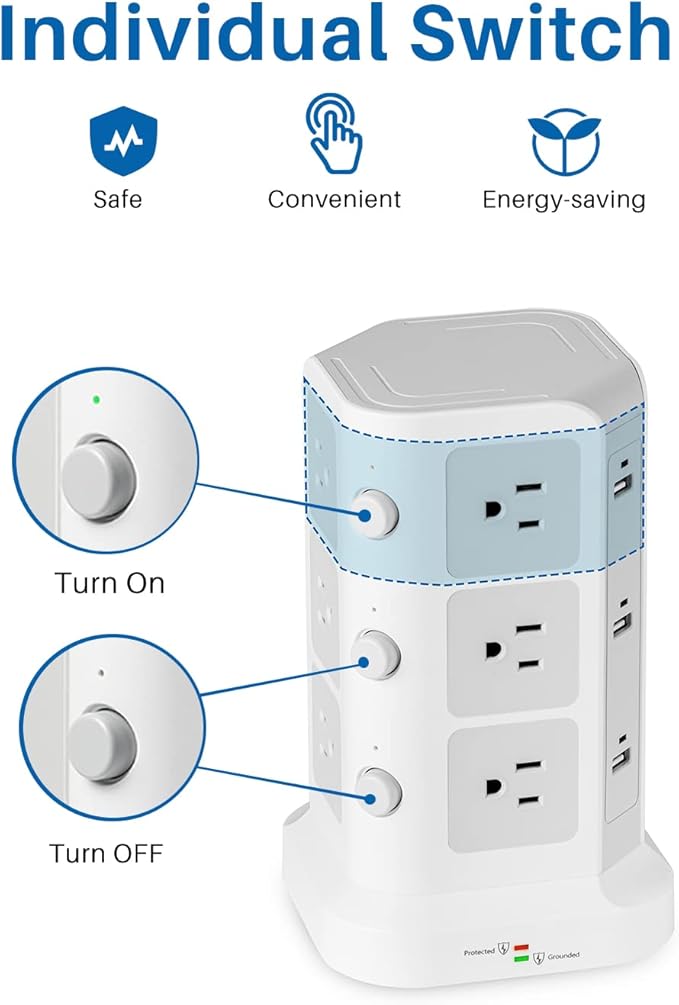 Surge Protector Power Strip Tower, KOOSLA 16.4 FT Extra Long Cord Flat Plug - [15A 1500J] Heavy-Duty 12 Widely Multiple Outlets & 6 USB Charging Station for Home, Office, Dorm White