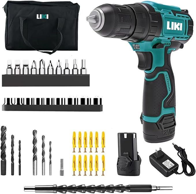 Cordless Drill Driver Set, 12V Power Drill Kit with Battery and Charger, MAX Drill 280 In-lb Torque 3/8" Keyless Chuck Built-in LED-Drill for Wood Bricks Walls Metal, Furniture Installation