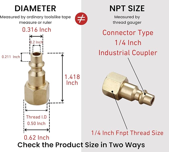 Air Hose Fittings And Quick Connect Air Fittings, 1/4 Inch NPT Brass Female Air Coupler Plug (10 Piece) Industrial Type D, Air Compressor Fittings